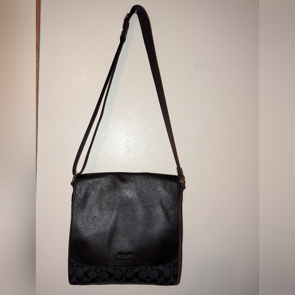 COACH CHARLES  Small Messenger Leather Signature Canvas Black Smoke EUC - Picture 2 of 14